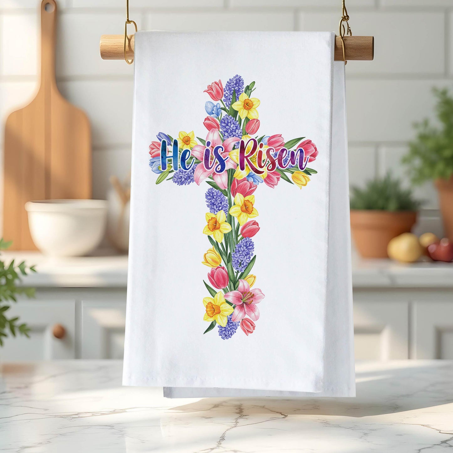 He is Risen" Easter Towel - Floral Cross Christian Gift - Religious Kitchen Decor - Flour Sack Organic Cotton Tea Towel