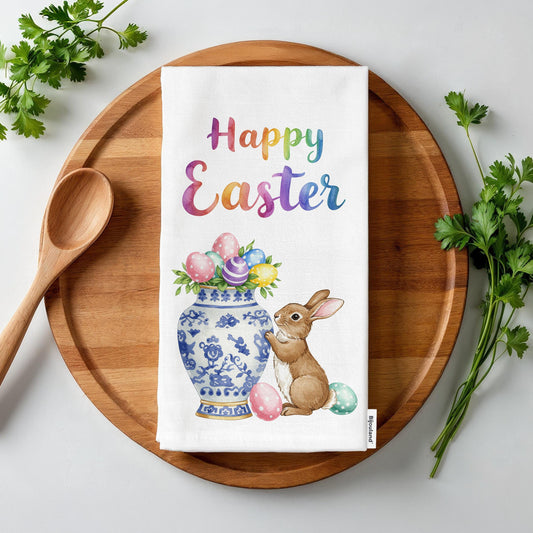 Happy Easter Kitchen Towel - Watercolor Spring Bunny Eggs Tea Towel, Farmhouse Easter Decor - Flour Sack Organic Cotton Tea Towel