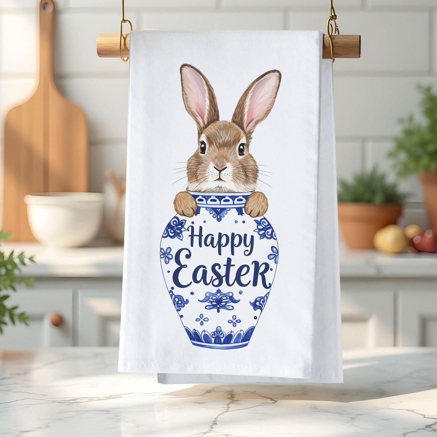 Happy Easter Kitchen Towel, Easter Bunny Tea Towel, Blue Willow Decor, Hostess Easter Gift - Flour Sack Organic Cotton Tea Towel