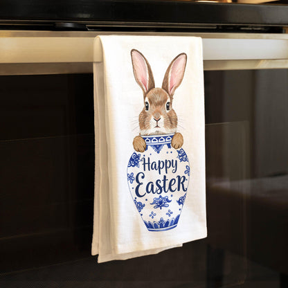 Happy Easter Kitchen Towel, Easter Bunny Tea Towel, Blue Willow Decor, Hostess Easter Gift - Flour Sack Organic Cotton Tea Towel