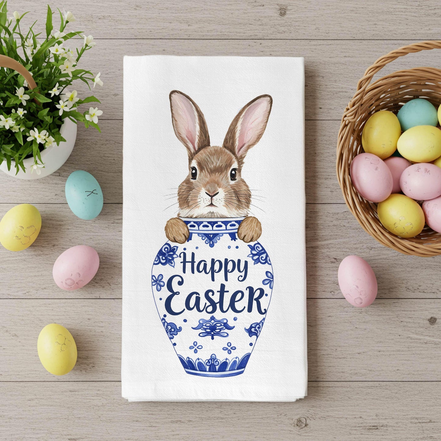 Happy Easter Kitchen Towel, Easter Bunny Tea Towel, Blue Willow Decor, Hostess Easter Gift - Flour Sack Organic Cotton Tea Towel