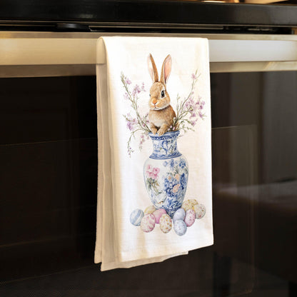 Easter Bunny Kitchen Towel, Chinoiserie Vase Spring Blossoms Dish Towel, Farmhouse Decor - Flour Sack Organic Cotton Tea Towel