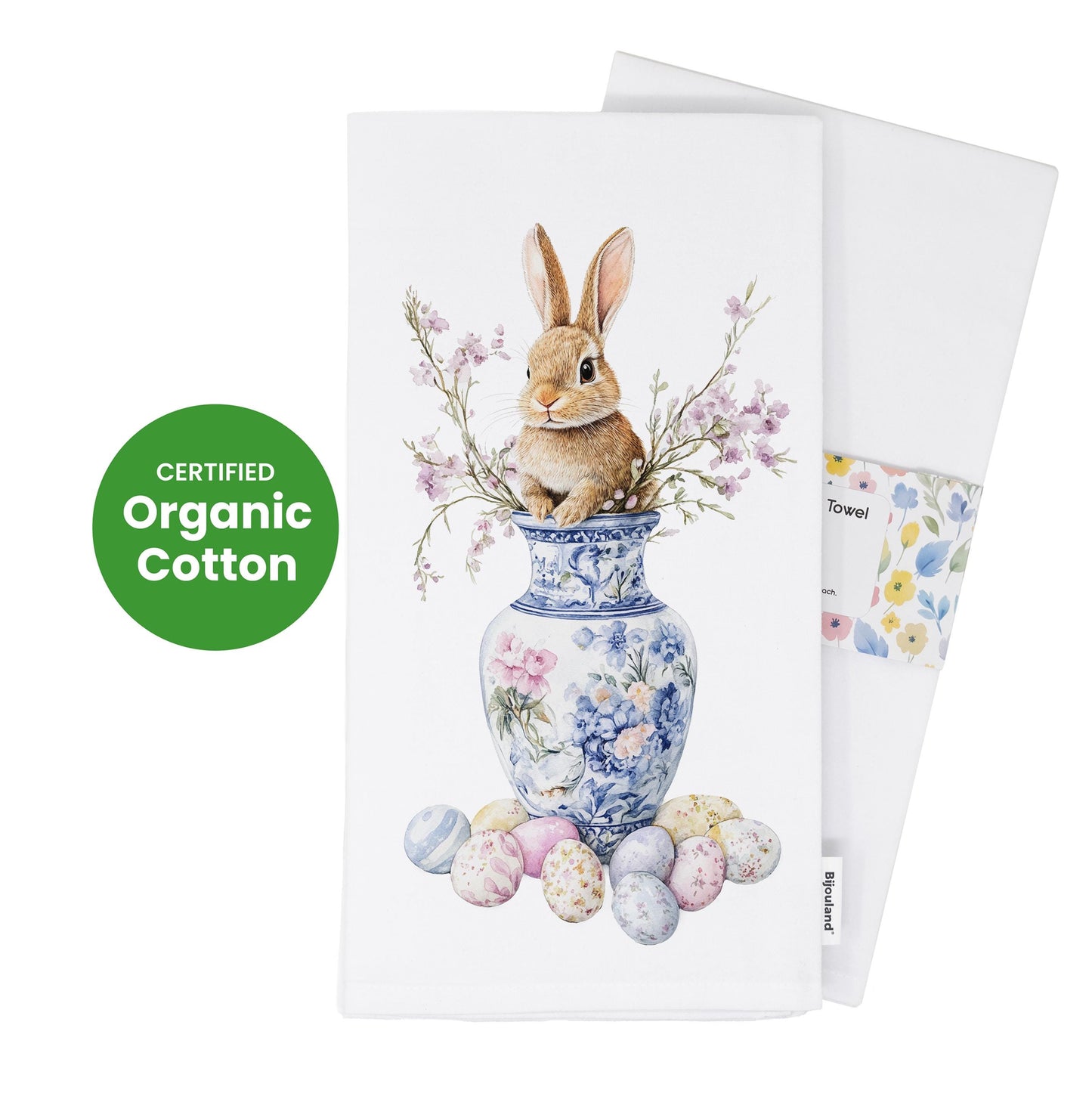 Easter Bunny Kitchen Towel, Chinoiserie Vase Spring Blossoms Dish Towel, Farmhouse Decor - Flour Sack Organic Cotton Tea Towel