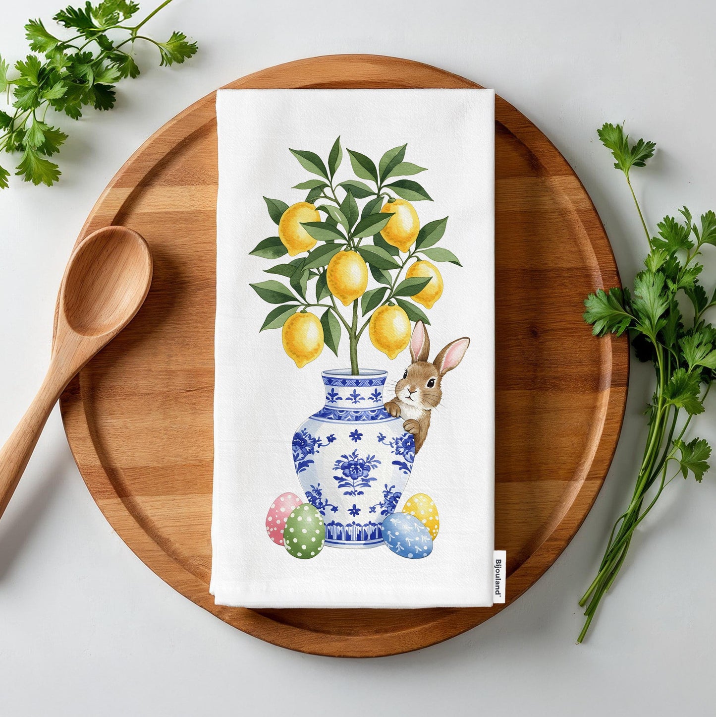 Easter Bunny Kitchen Towel - Lemon Tree in Chinoiserie Vase Tea Towel, Spring Farmhouse Decor - Flour Sack Organic Cotton Tea Towel