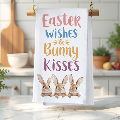 Easter Wishes and Bunny Kisses Kitchen Towel - Spring Tea Towel, Cute Farmhouse Easter Decor - Flour Sack Organic Cotton Tea Towel