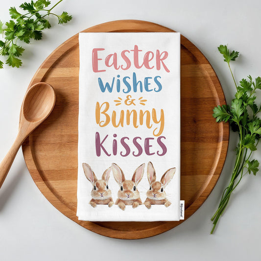 Easter Wishes and Bunny Kisses Kitchen Towel - Spring Tea Towel, Cute Farmhouse Easter Decor - Flour Sack Organic Cotton Tea Towel