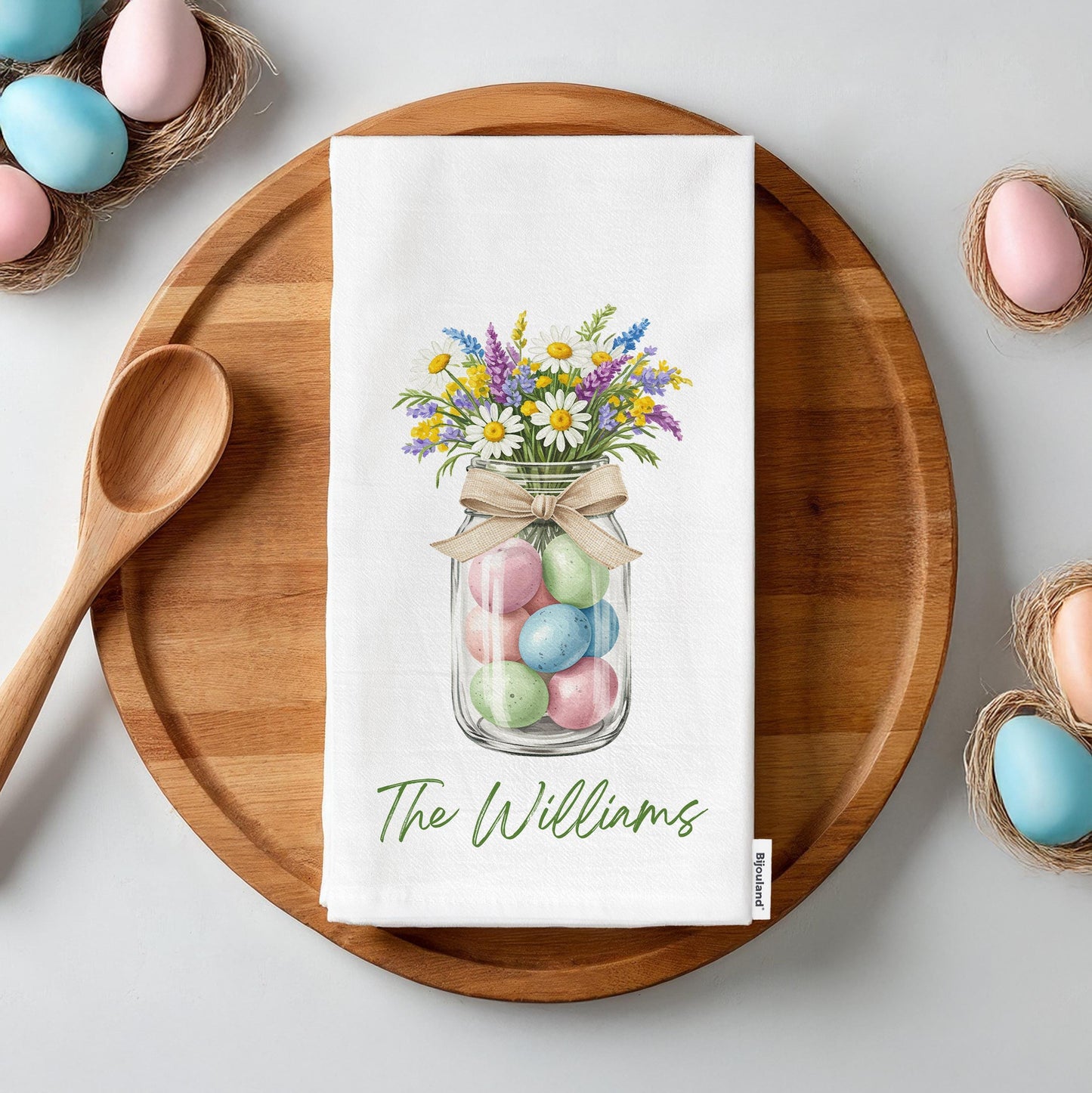 Personalized Easter Tea Towel with Family Name - Easter Eggs and Wildflowers Jar, Custom Easter Tea Towel - Flour Sack Organic Cotton