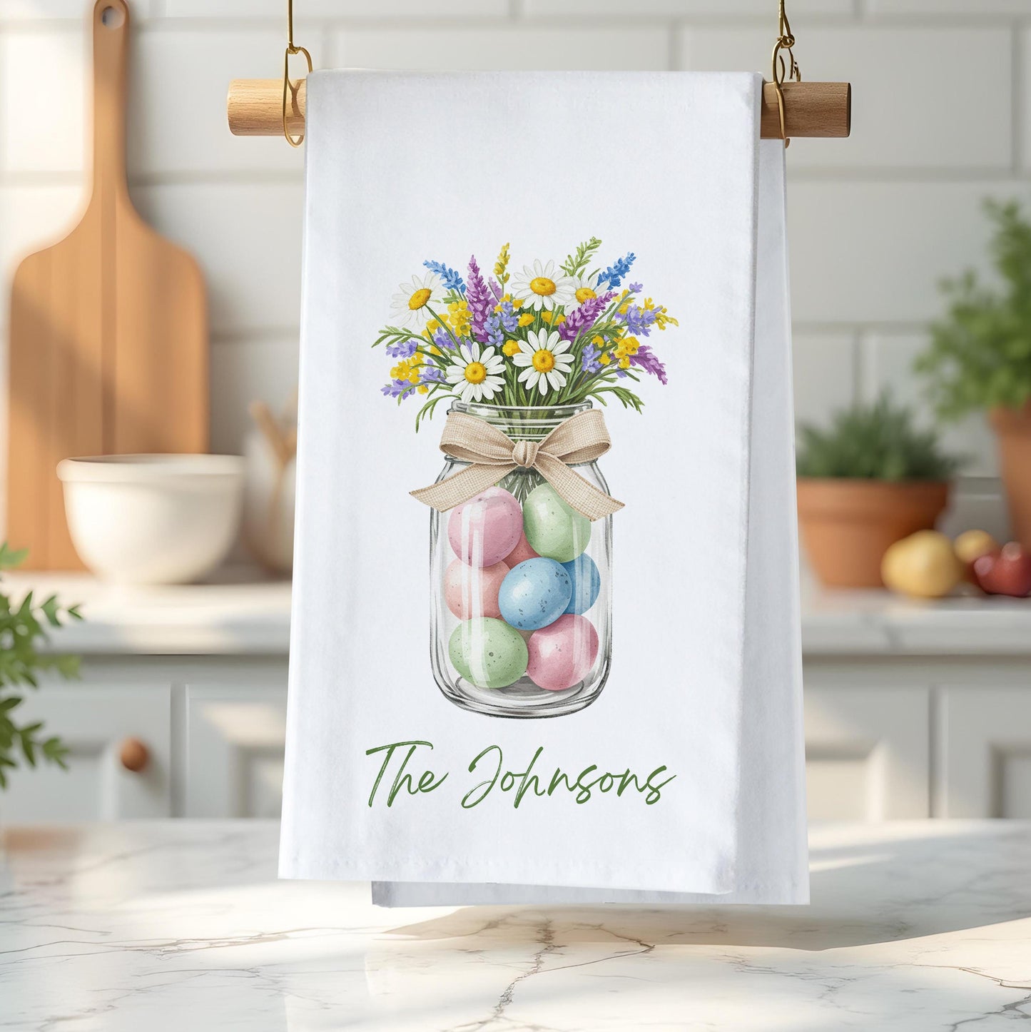 Personalized Easter Tea Towel with Family Name - Easter Eggs and Wildflowers Jar, Custom Easter Tea Towel - Flour Sack Organic Cotton