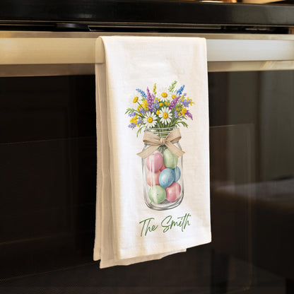 Personalized Easter Tea Towel with Family Name - Easter Eggs and Wildflowers Jar, Custom Easter Tea Towel - Flour Sack Organic Cotton