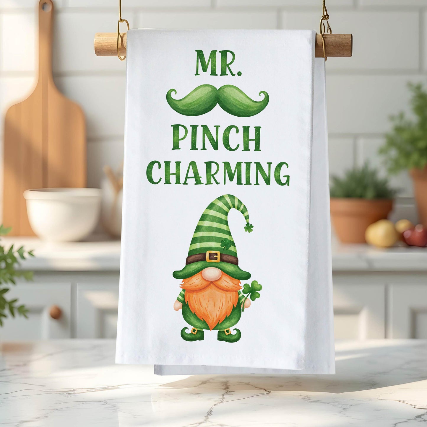 Mr. Pinch Charming Kitchen Towel - Funny St. Patrick’s Day Gnome Tea Towel, Irish Decor Gift - Flour Sack Organic Cotton Tea Towel