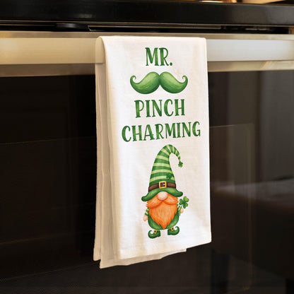 Mr. Pinch Charming Kitchen Towel - Funny St. Patrick’s Day Gnome Tea Towel, Irish Decor Gift - Flour Sack Organic Cotton Tea Towel