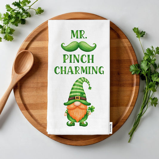 Mr. Pinch Charming Kitchen Towel - Funny St. Patrick’s Day Gnome Tea Towel, Irish Decor Gift - Flour Sack Organic Cotton Tea Towel