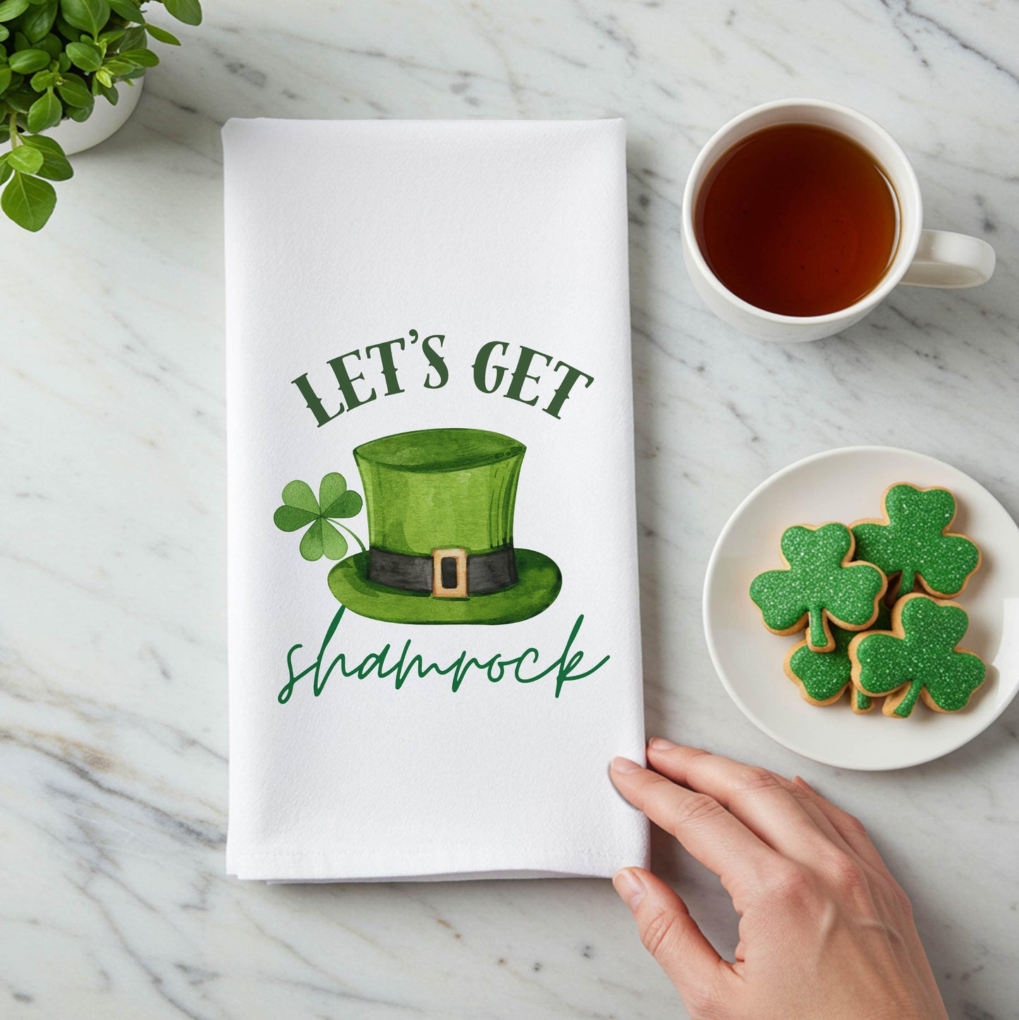 Funny St. Patrick’s Day Decor - Let’s Get Shamrock Kitchen Towel, Irish Shamrock Decor Tea Towel - Flour Sack Organic Cotton