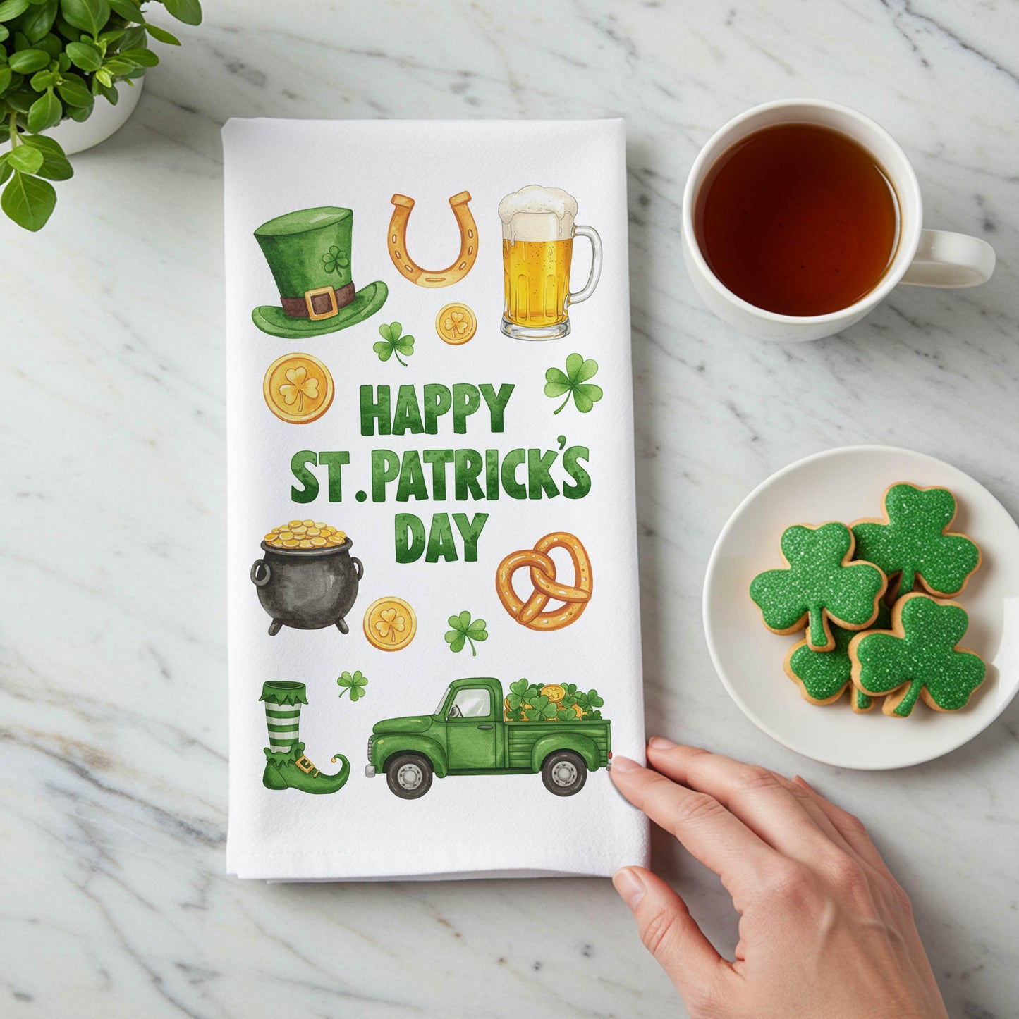 Happy St. Patrick’s Day Kitchen Towel - Lucky Irish Decor, Shamrock Tea Towel, Festive Holiday Gift - Flour Sack Organic Cotton