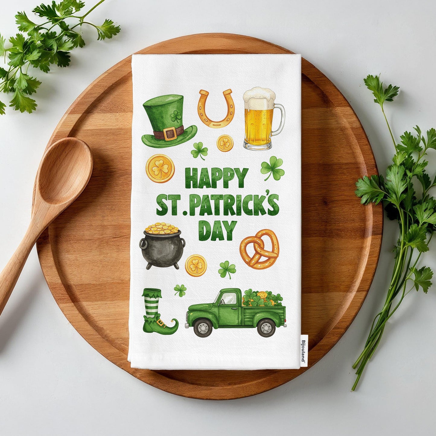 Happy St. Patrick’s Day Kitchen Towel - Lucky Irish Decor, Shamrock Tea Towel, Festive Holiday Gift - Flour Sack Organic Cotton