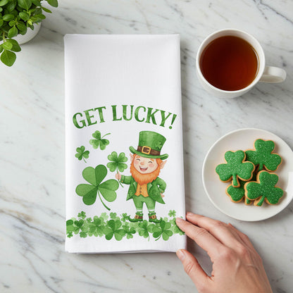 Funny St. Patrick’s Day Tea Towel - Get Lucky Kitchen Decor, Irish Leprechaun Tea Towel Gift - Flour Sack Organic Cotton