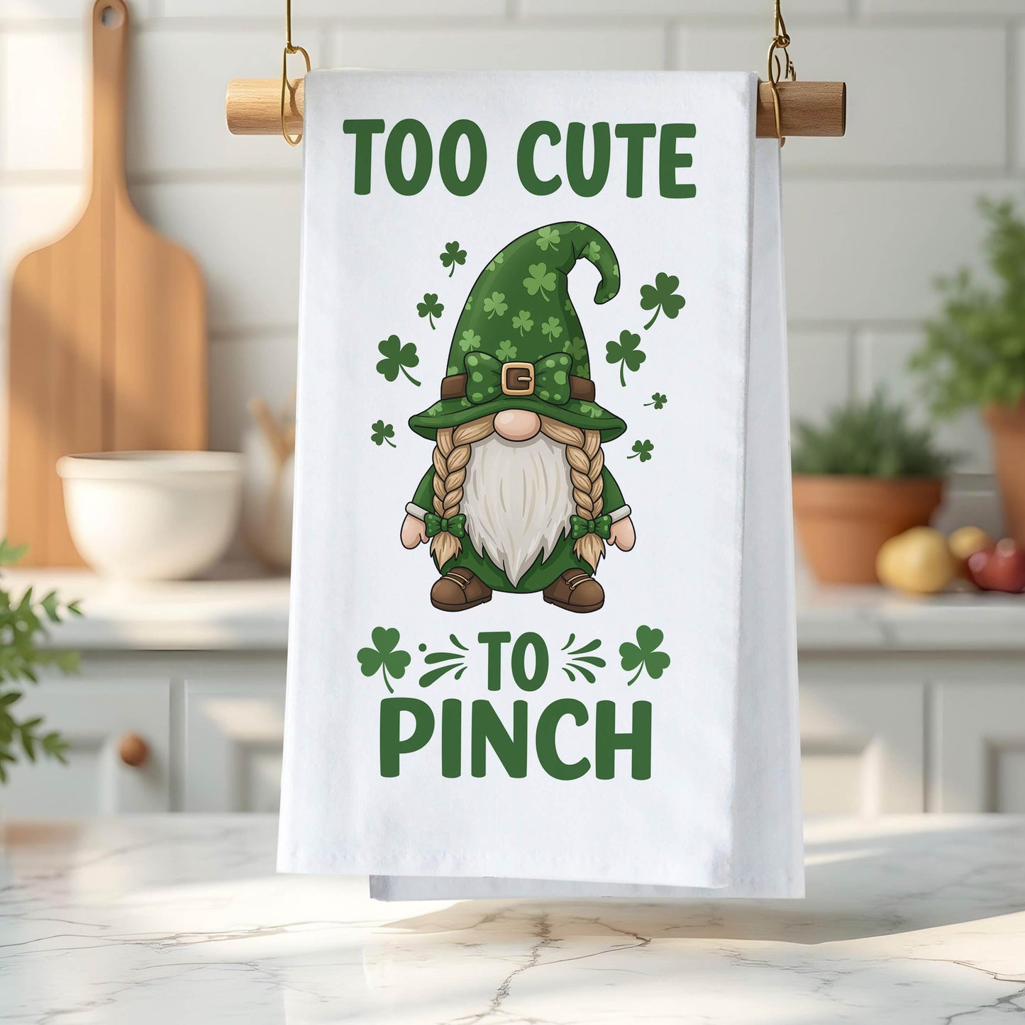 Cute St. Patrick's Day Gnome Tea Towel - Too Cute to Pinch Kitchen Towel - Lucky Shamrock Decor Gift - Flour Sack Organic Cotton