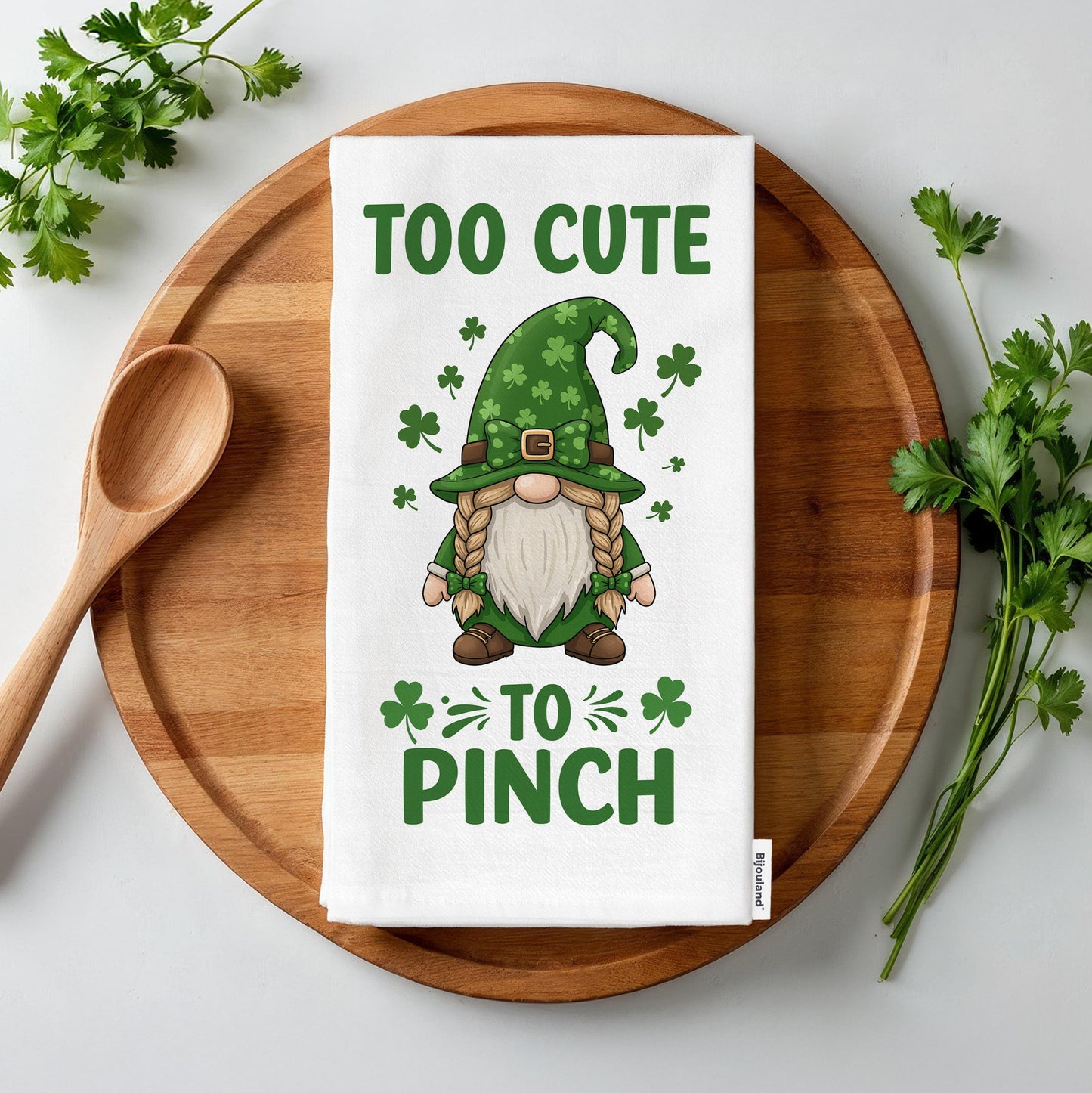 Cute St. Patrick's Day Gnome Tea Towel - Too Cute to Pinch Kitchen Towel - Lucky Shamrock Decor Gift - Flour Sack Organic Cotton