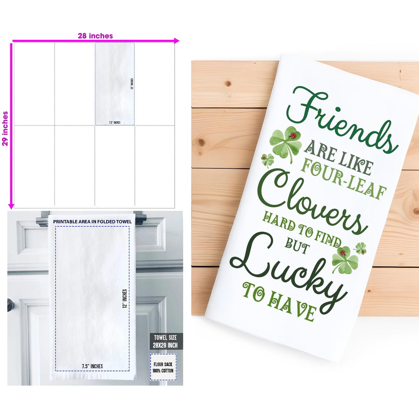 Friends Are Like Four-Leaf Clovers Kitchen Towel - St. Patrick’s Day Gift, Lucky Irish Decor - Flour Sack Organic Cotton Tea Towel