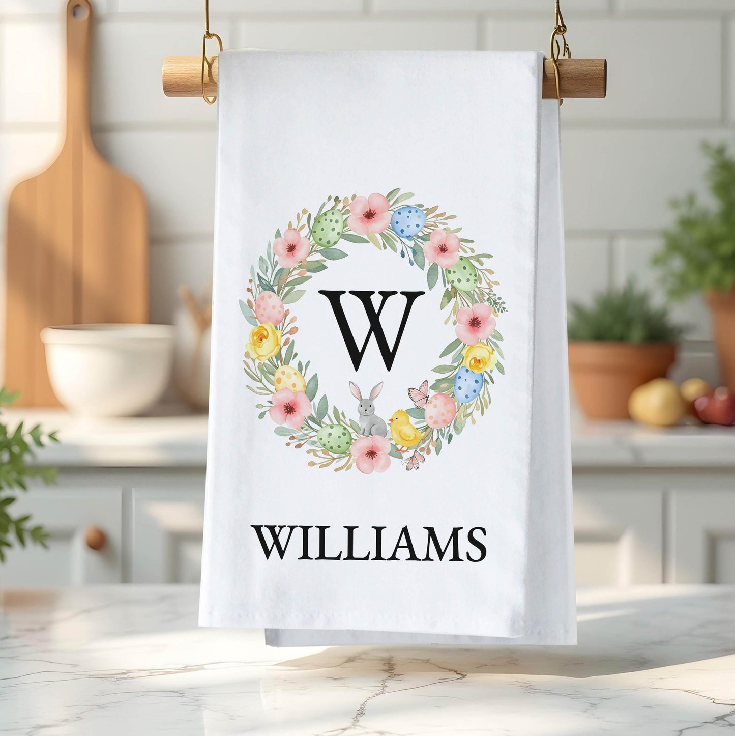 Personalized Easter Tea Towel - Custom Family Name Wreath Easter Decor Gift - Flour Sack Organic Cotton Tea Towel