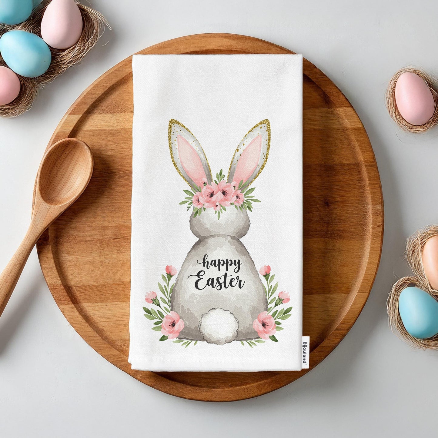 Floral Easter Bunny Tea Towel - Spring Farmhouse Kitchen Decor, Cute Easter Rabbit Decor - Flour Sack Organic Cotton Tea Towel