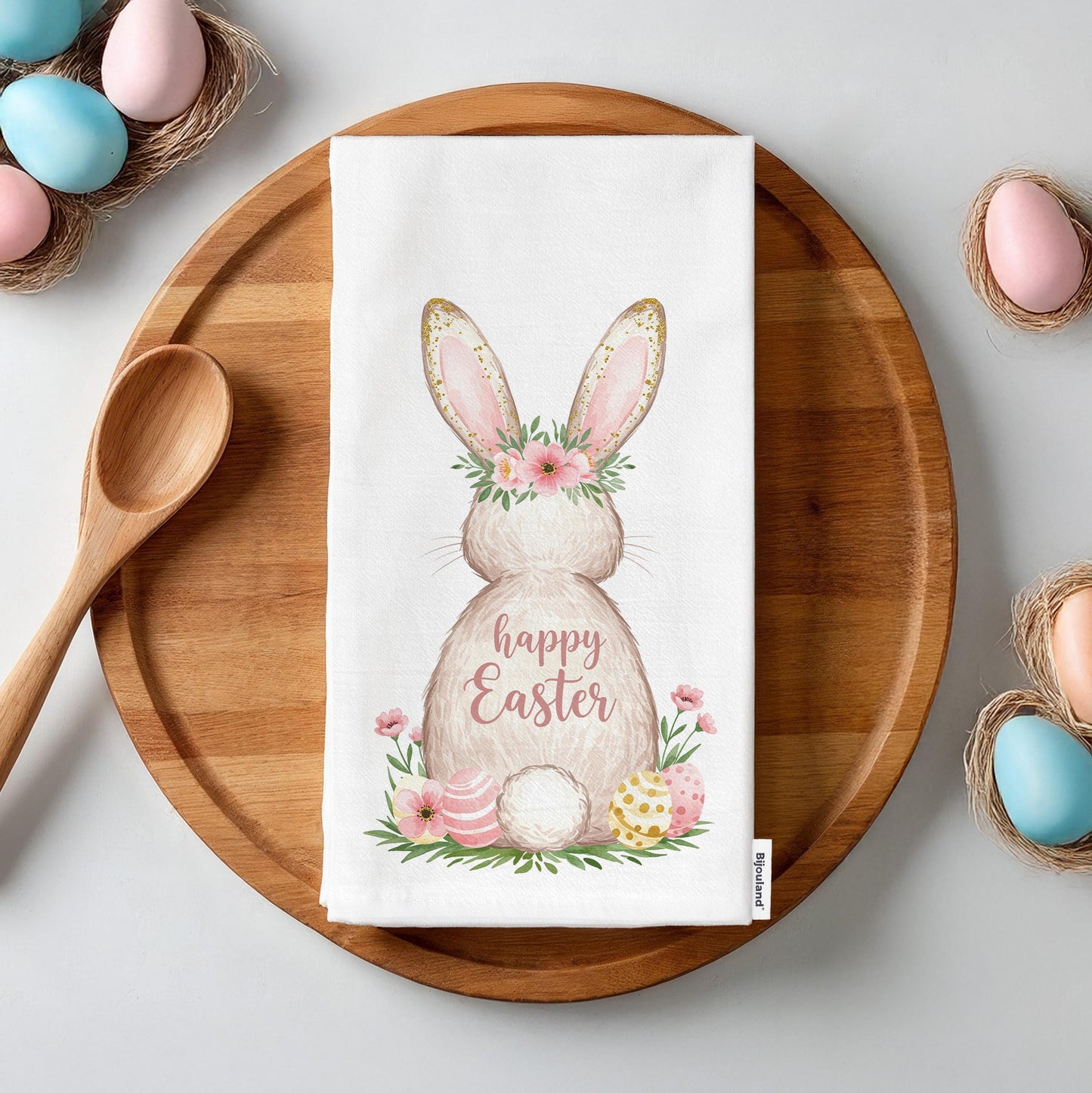 Floral Easter Bunny Tea Towel - Spring Farmhouse Kitchen Decor, Cute Easter Rabbit Decor - Flour Sack Organic Cotton Tea Towel