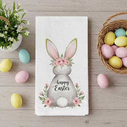 Floral Easter Bunny Tea Towel - Spring Farmhouse Kitchen Decor, Cute Easter Rabbit Decor - Flour Sack Organic Cotton Tea Towel