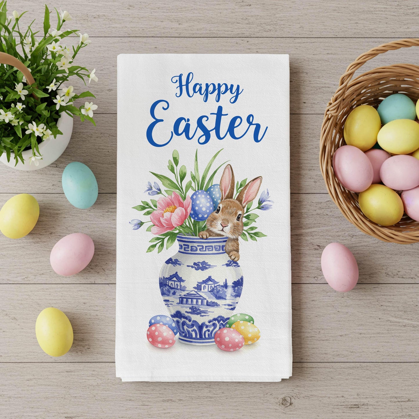 Happy Easter Kitchen Towel - Bunny in Chinoiserie Vase, Floral Spring Decor, Easter Gift - Flour Sack Organic Cotton Tea Towel