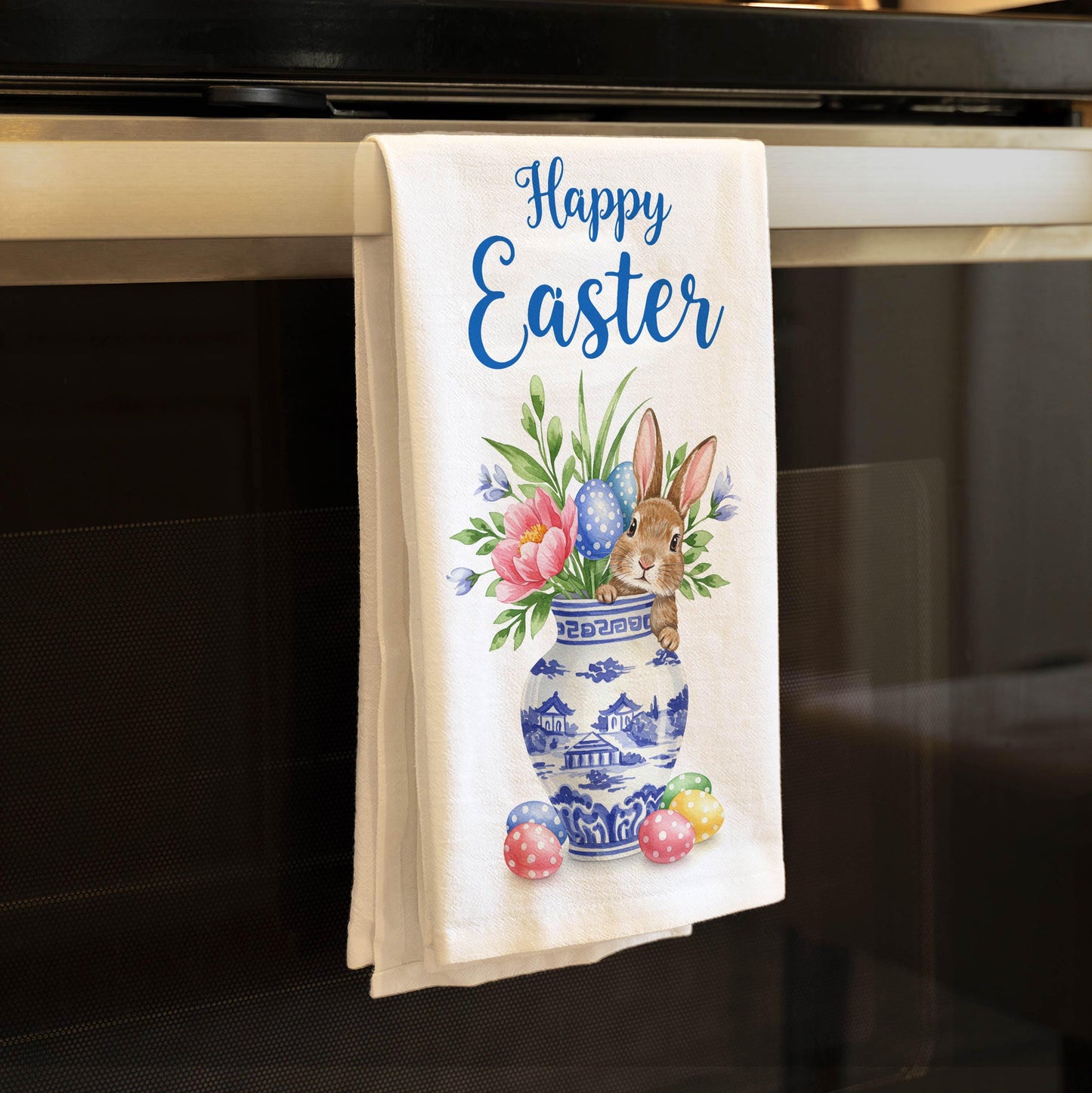 Happy Easter Kitchen Towel - Bunny in Chinoiserie Vase, Floral Spring Decor, Easter Gift - Flour Sack Organic Cotton Tea Towel