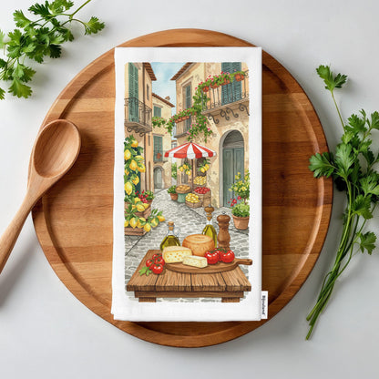 Italian Kitchen Towel - Italian Street Market Scene, Rustic Decor, Italy Inspired Gift - Flour Sack Organic Cotton Dish Towel