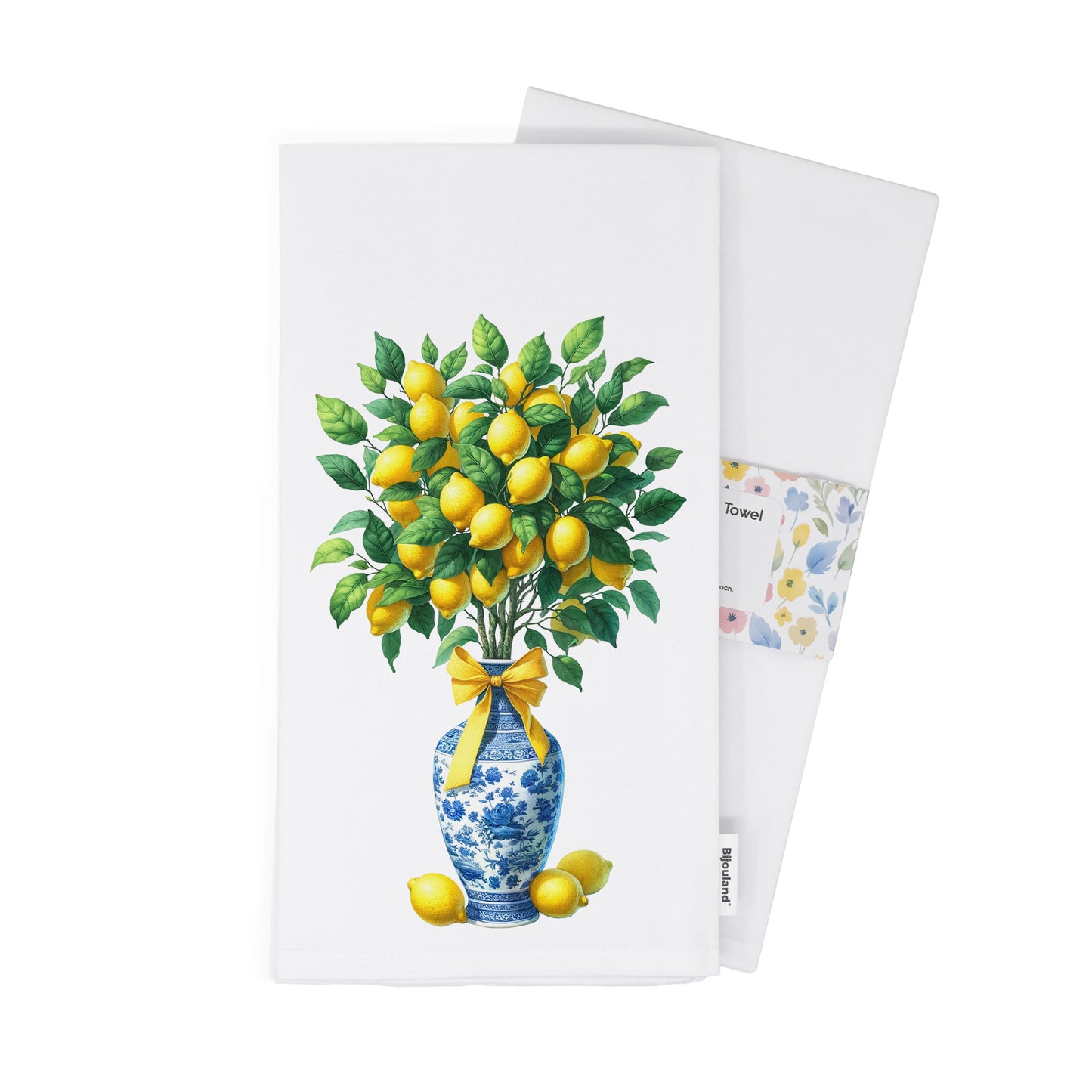 Lemon Tree Tea Towel in Blue and White Chinoiserie Vase and Bow, Chinoiserie Kitchen Towel, Lemon Kitchen Decor - Cotton Flour Sack Towel