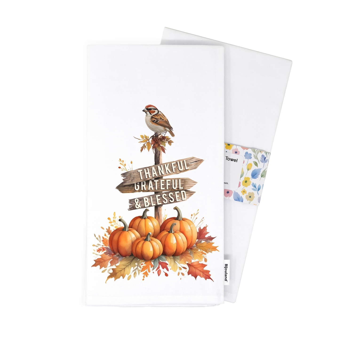 Fall Decor Thankful Grateful Blessed Kitchen Towel - Autumn Pumpkins and Sparrow Decor, Flour Sack Cotton Hand Tea Towel