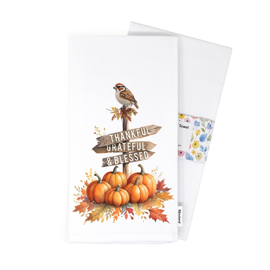 Fall Decor Thankful Grateful Blessed Kitchen Towel - Autumn Pumpkins and Sparrow Decor, Flour Sack Cotton Hand Tea Towel