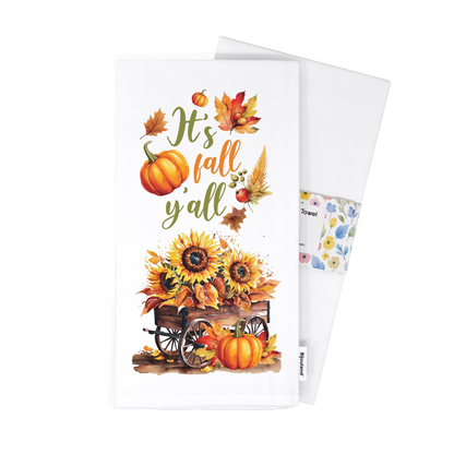 It's Fall Y'all - Autumn Kitchen Towel - Sunflower and Pumpkin Flour Sack Cotton Tea Towel, Fall Kitchen Decor