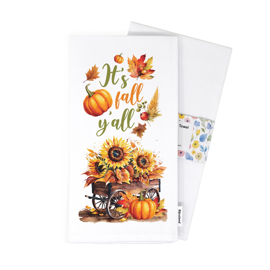 It's Fall Y'all - Autumn Kitchen Towel - Sunflower and Pumpkin Flour Sack Cotton Tea Towel, Fall Kitchen Decor