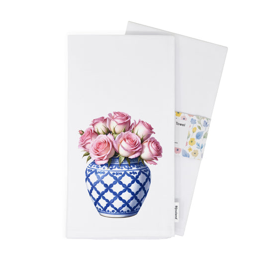 Blue Ginger Jar & Roses Kitchen Towel - Flour Sack Cotton Hand Towel