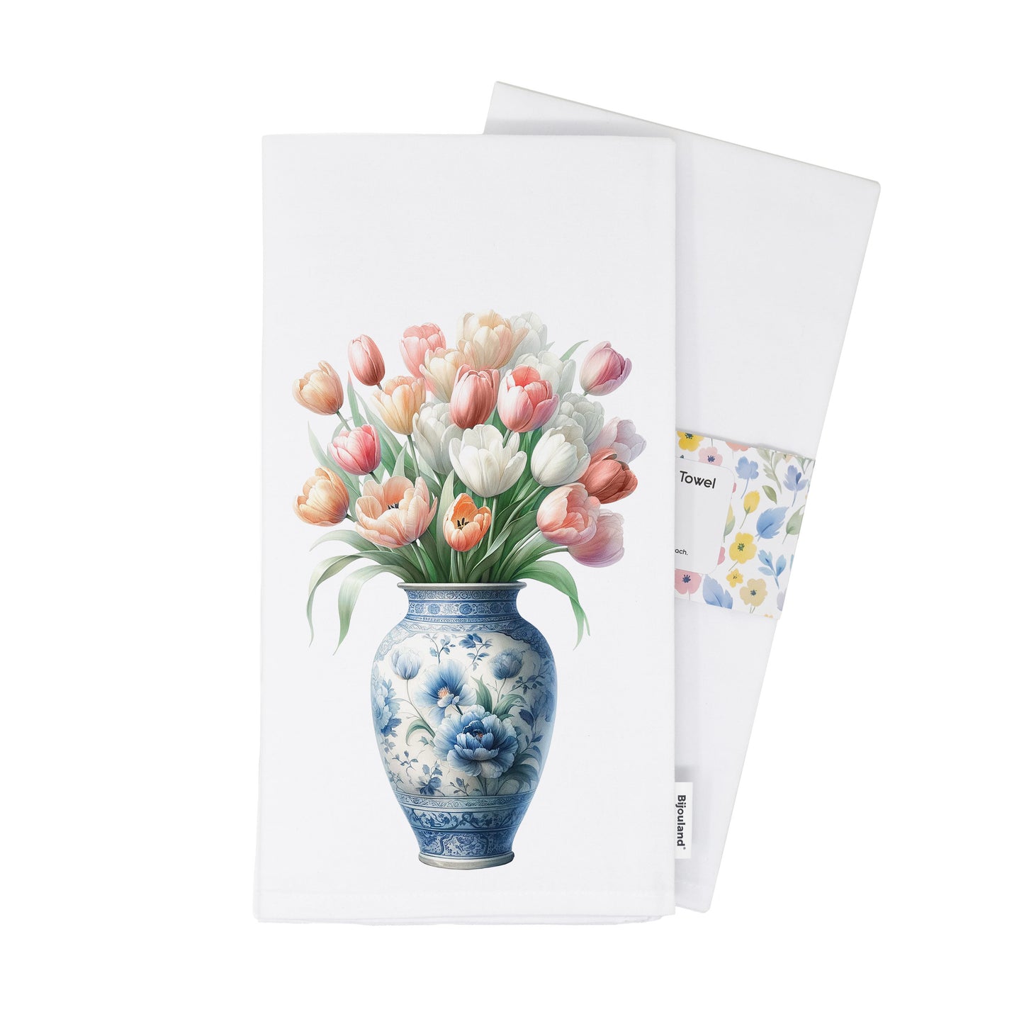 Chinoiserie Kitchen Towel with Blue and White Floral Design: Tulips in an Elegant Vase, Kitchen Decor with Flowers - Cotton Flour Sack Towel