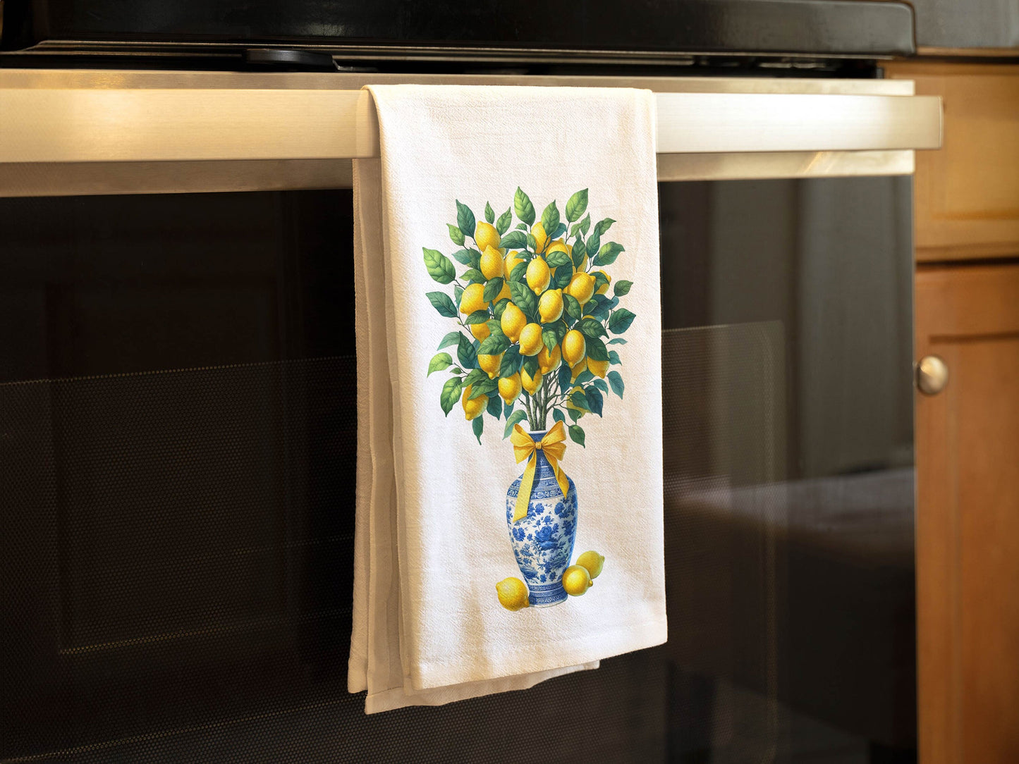 Lemon Tree Tea Towel in Blue and White Chinoiserie Vase and Bow, Chinoiserie Kitchen Towel, Lemon Kitchen Decor - Cotton Flour Sack Towel