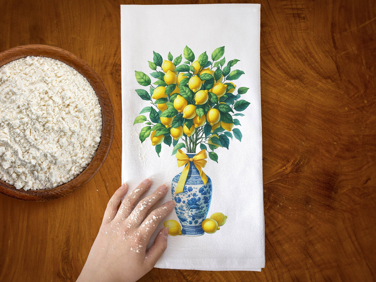 Lemon Tree Tea Towel in Blue and White Chinoiserie Vase and Bow, Chinoiserie Kitchen Towel, Lemon Kitchen Decor - Cotton Flour Sack Towel